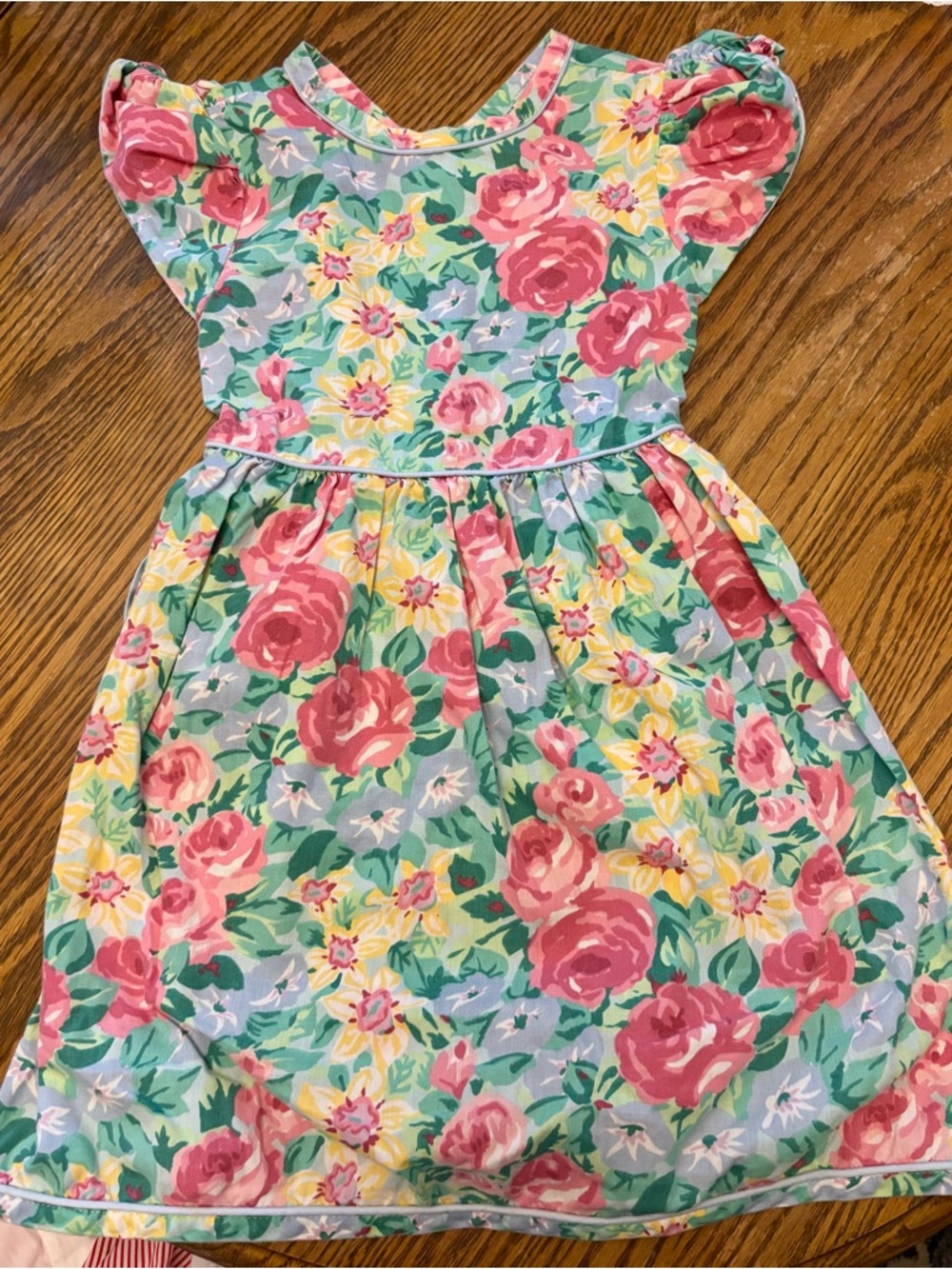 Floral Puff-Sleeve Kids Dress - Pink & Green Vintage